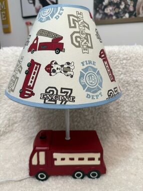 Table Lamp Firetruck with Dalmatian Motif Shade Red White Blue Kids